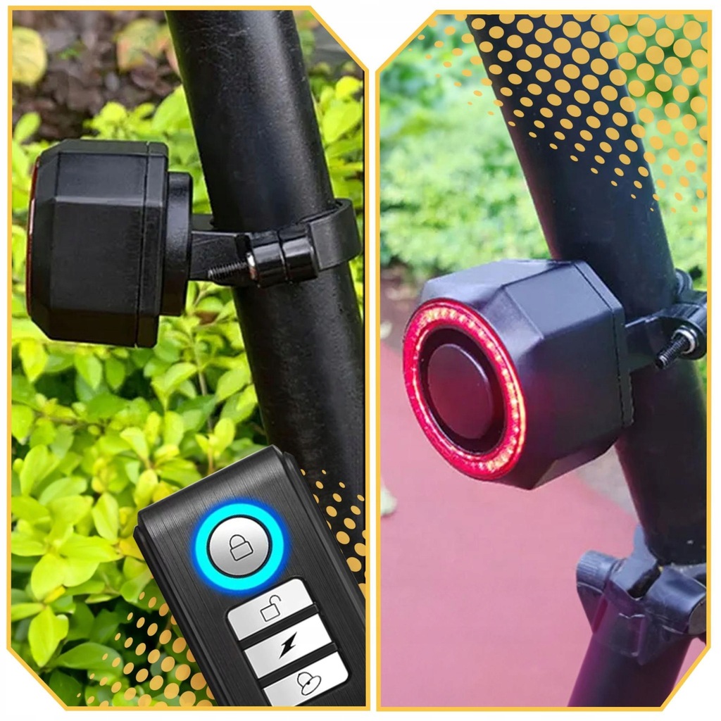 ALARM ROWEROWY ANTYKRADZIEŻOWY + LAMPA TYLNA LAMPKA ROWEROWA DZWONEK PILOT Waga 200 g